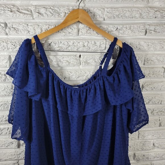 Boutique Womens Top 1X Plus Spaghetti Cold Shoulder Blue Swiss Dot BLU193E - Picture 3 of 9